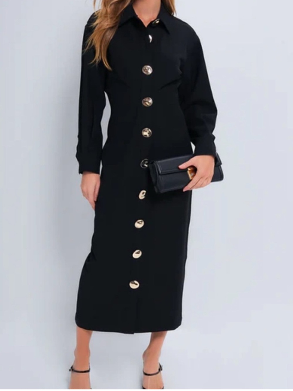 NWT! Tuckernuck Black Long-Sleeve Button-Front Midi Dress with Gold Buttons XXL